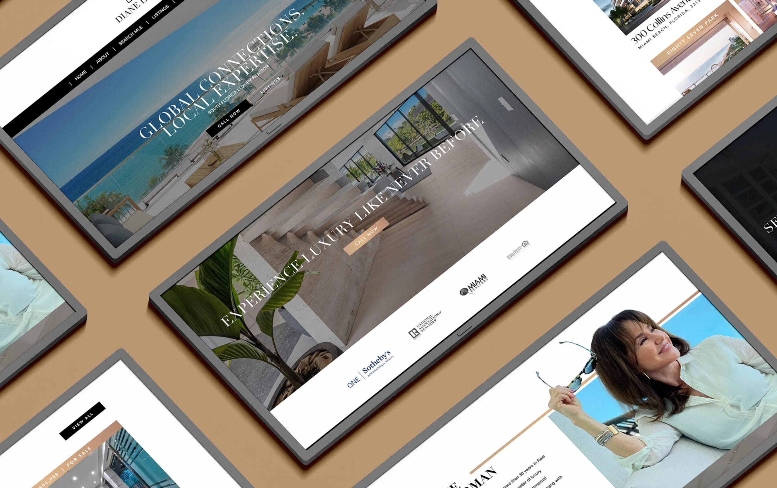 Various website designs displayed on tablets on a brown background, showcasing diverse styles and layouts.