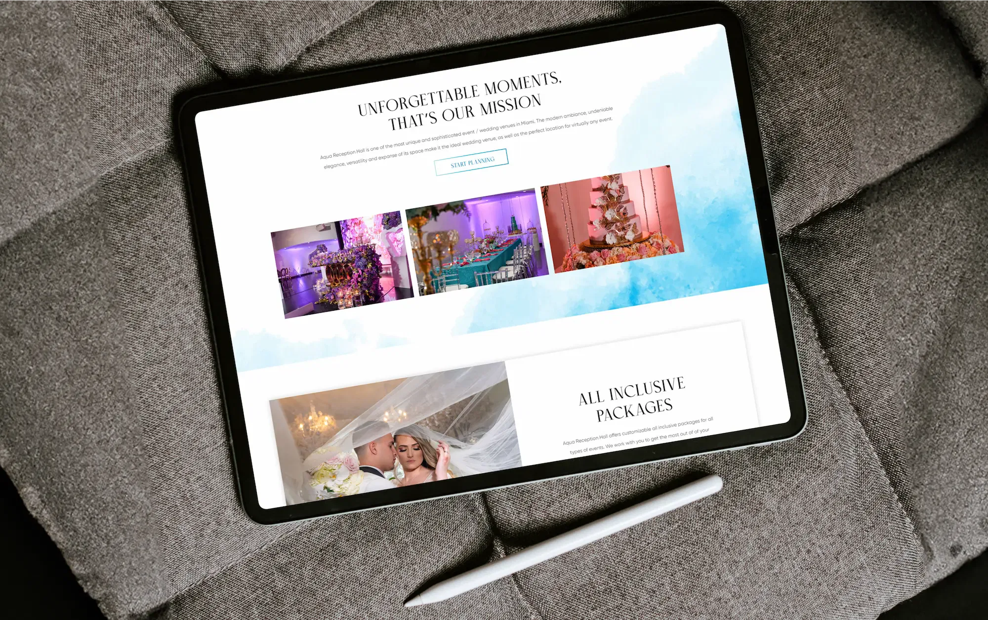 Tablet displaying a wedding planning website on a gray sofa with a stylus nearby.