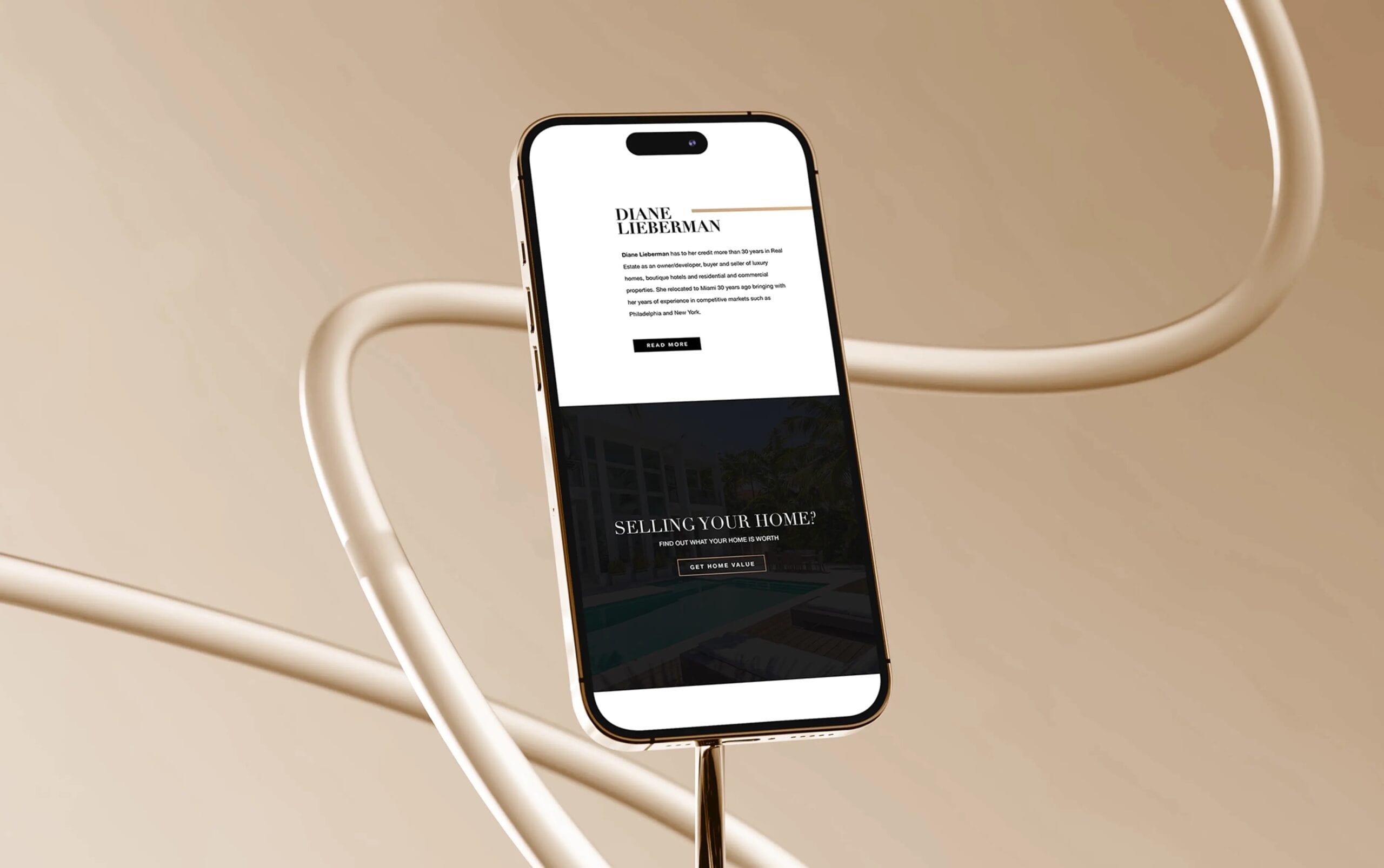 Smartphone display with a sleek design showcasing a modern webpage against a minimalist background.