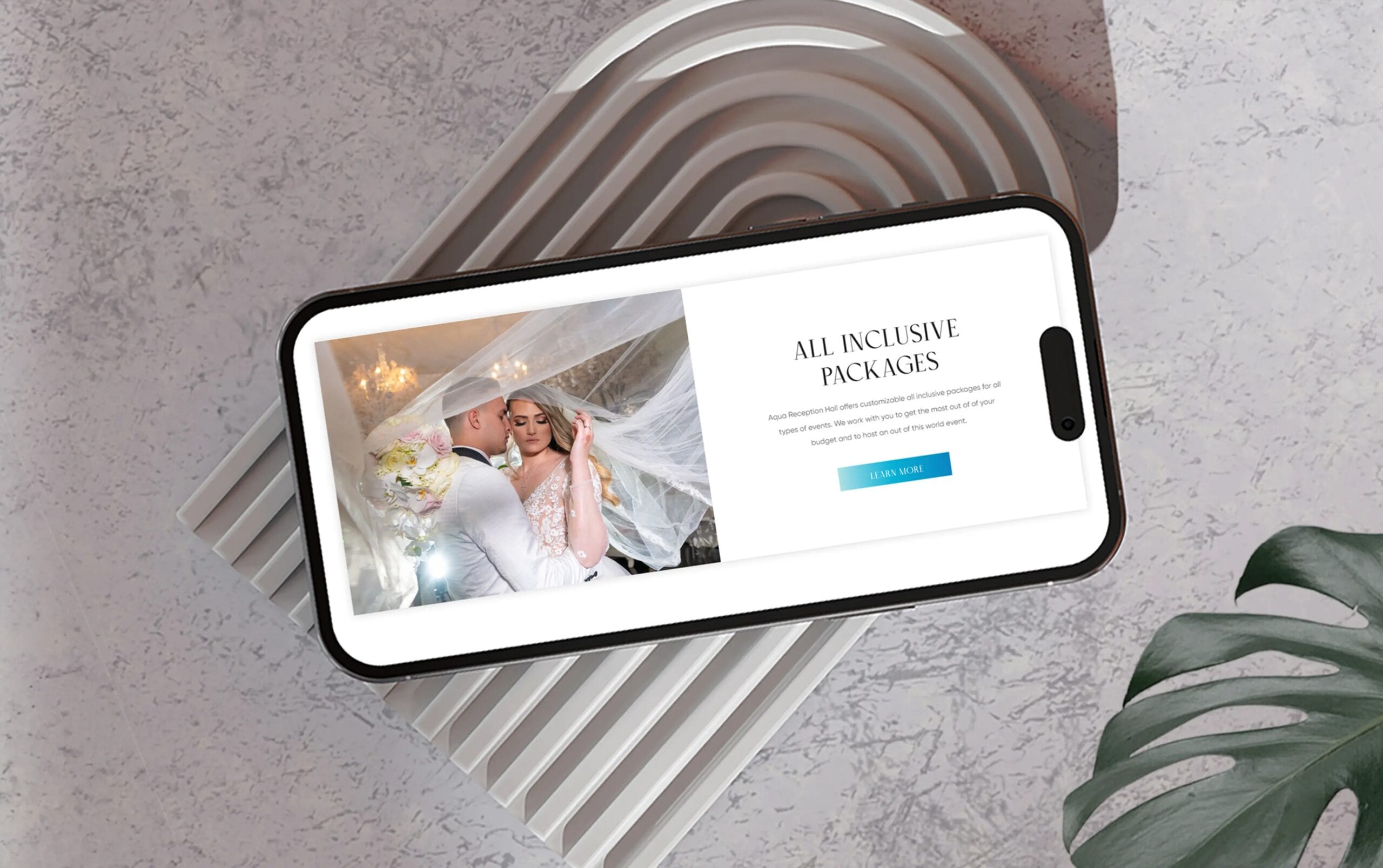 Smartphone displaying a wedding couple under a veil with text about all-inclusive packages on a textured gray background.