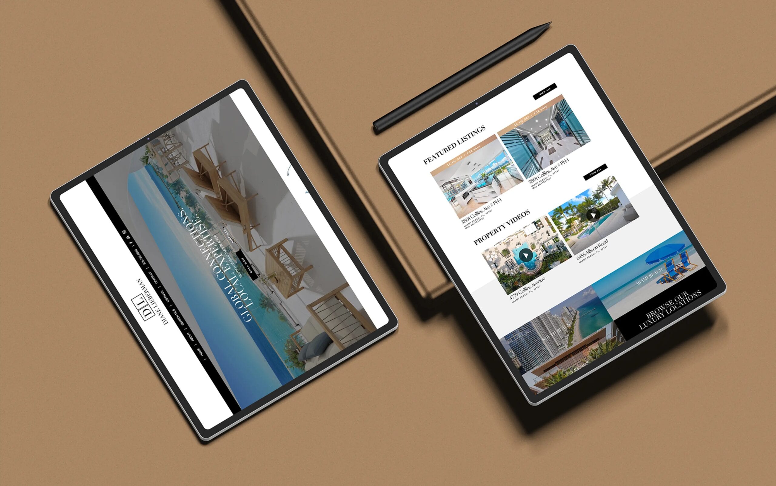 Two tablets displaying architectural designs and beach resort images.