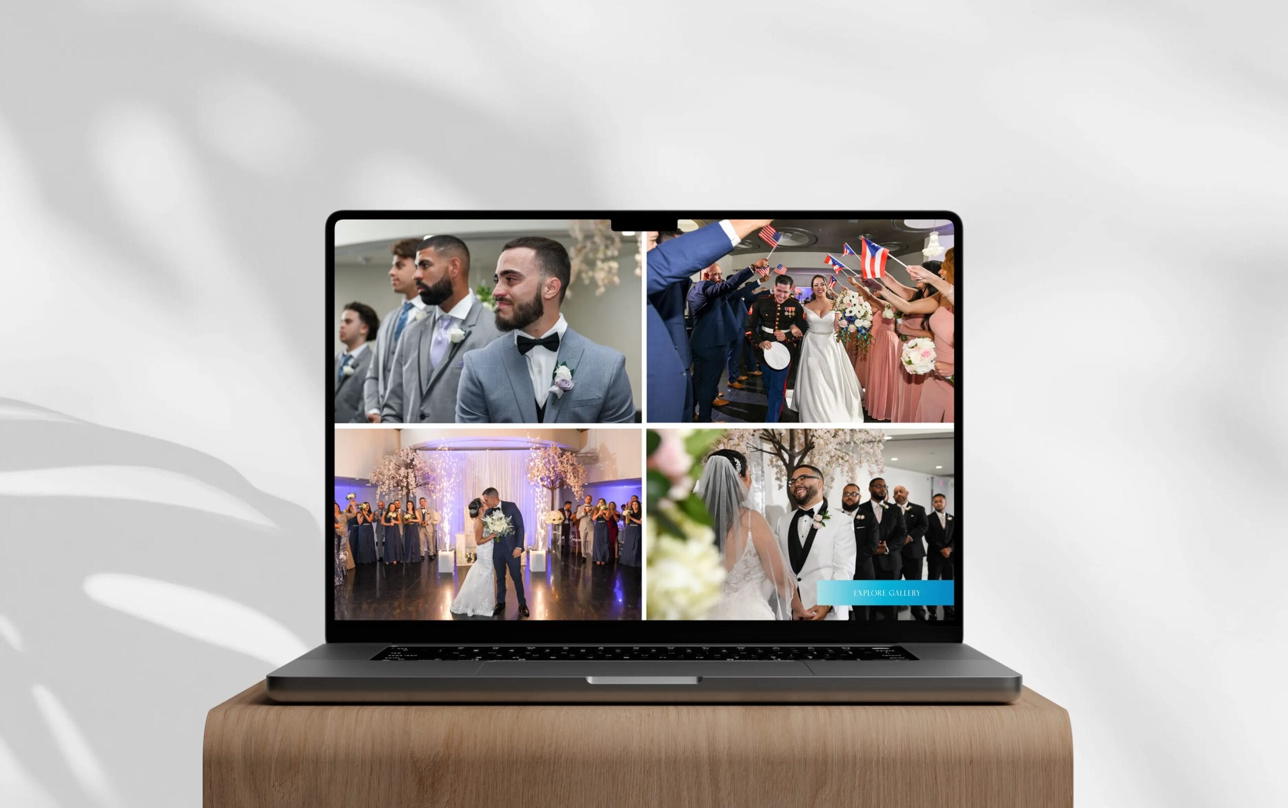 Laptop displaying a collage of wedding photos featuring happy couples and lively celebrations against a soft shadowed background.