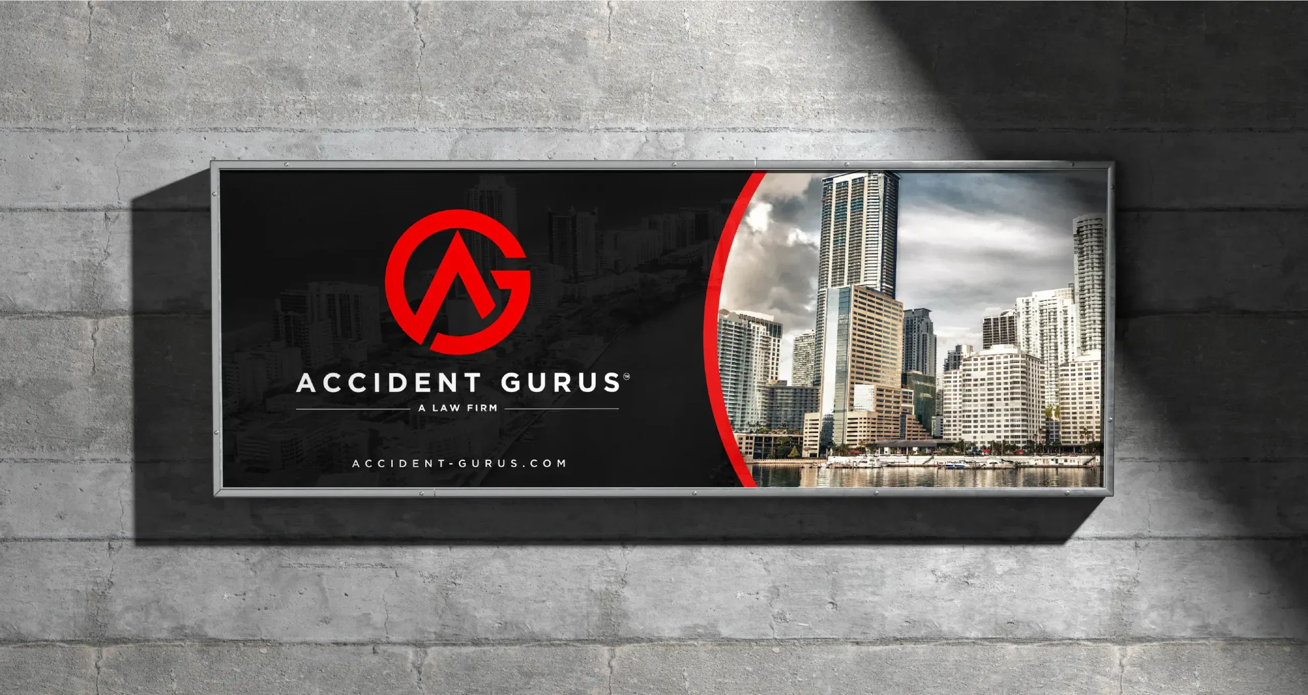 Law firm billboard featuring city skyscrapers with a bold red and black design.