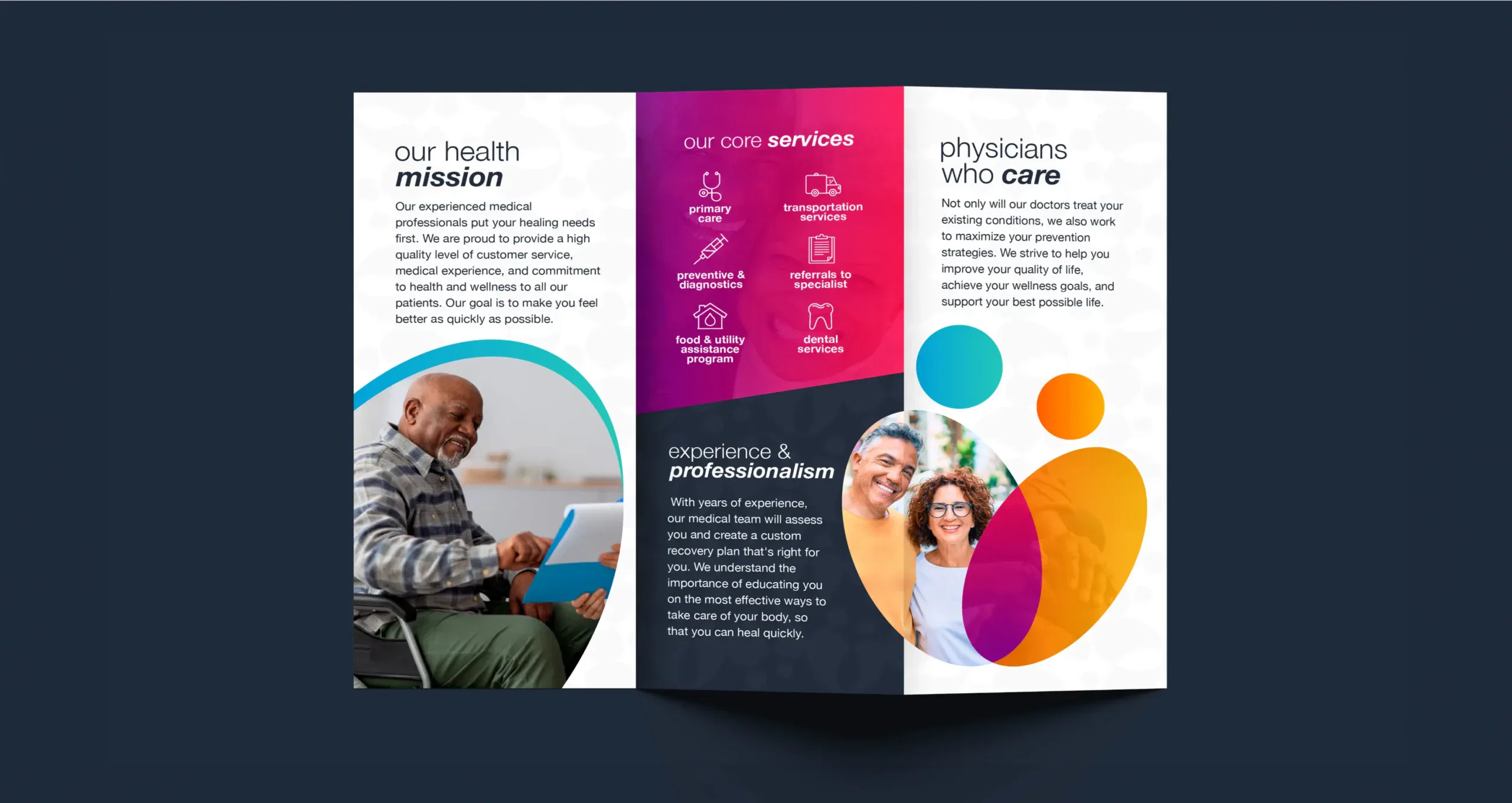 Colorful healthcare brochure displaying services and mission with engaging visuals.