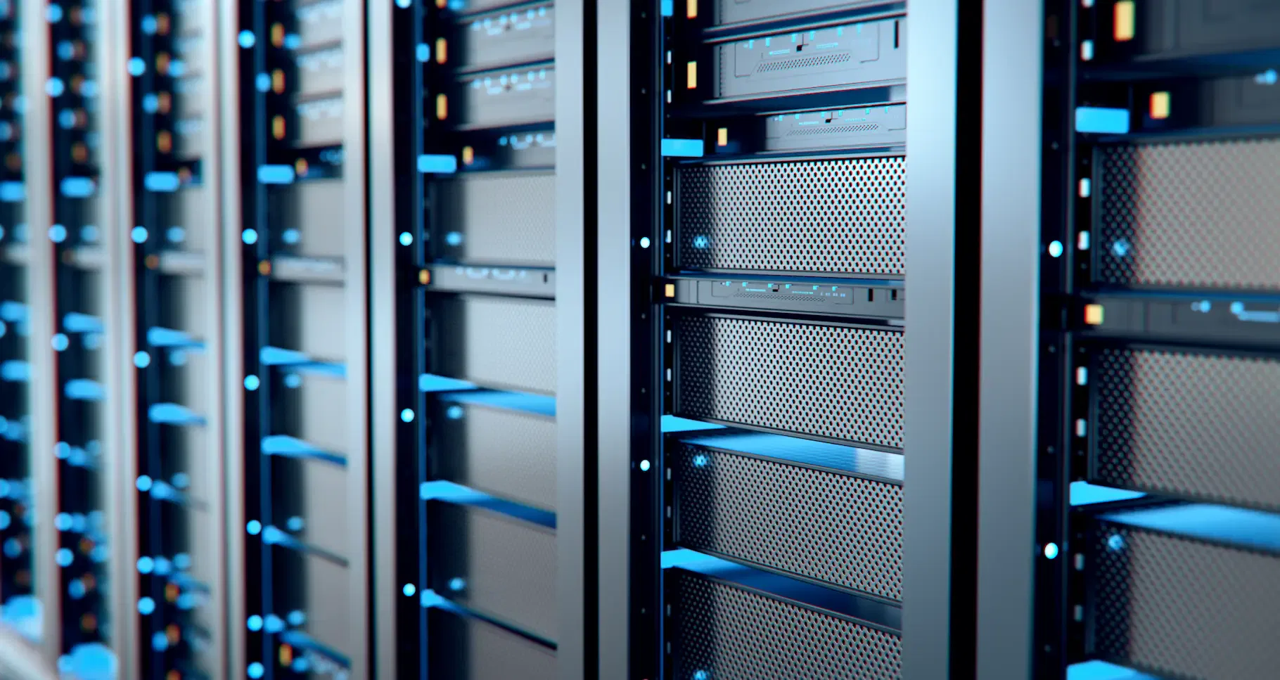 Rows of modern server racks with blue highlights in a data center.