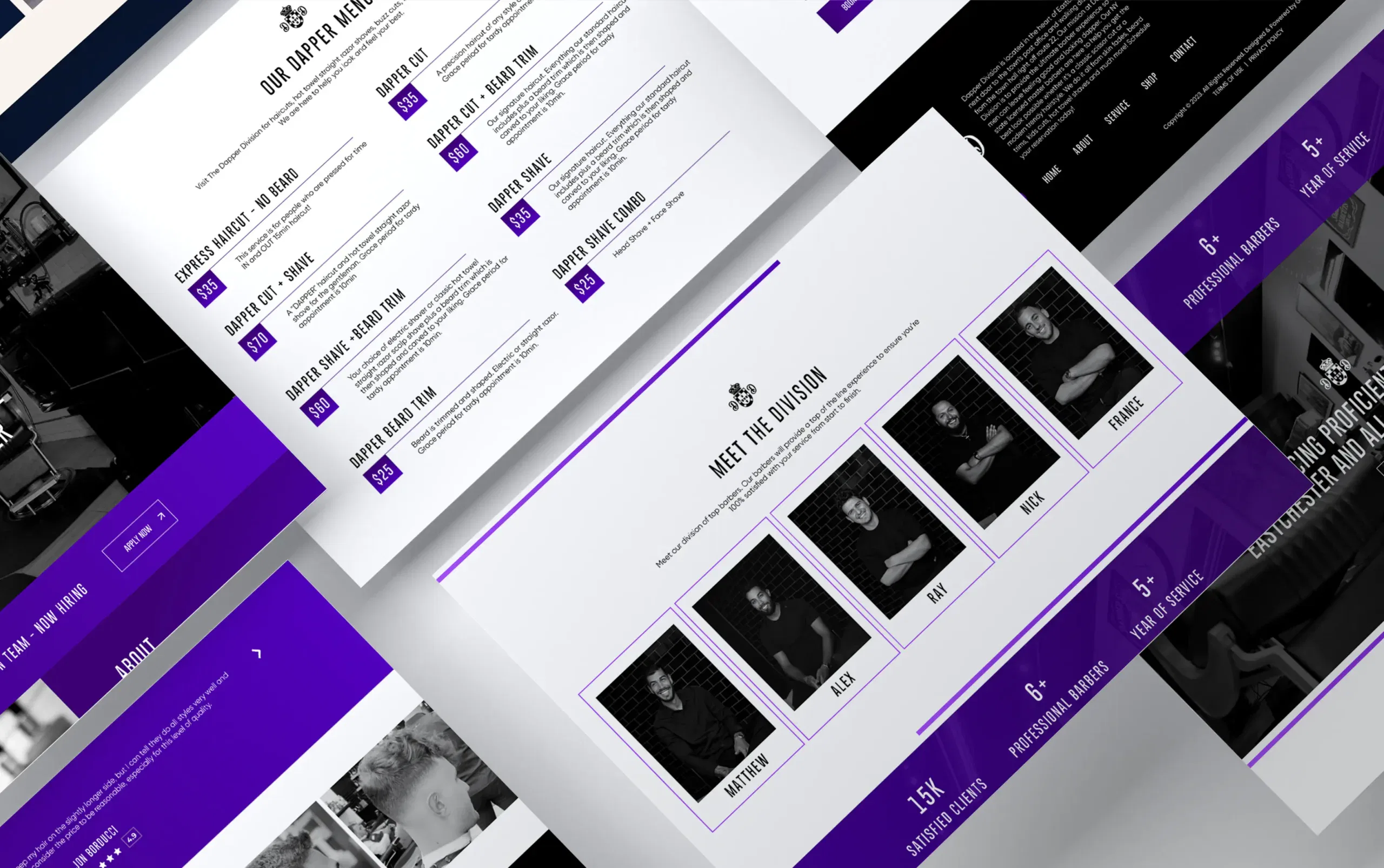 Website interface layout with sleek, modern design featuring profiles and information sections.