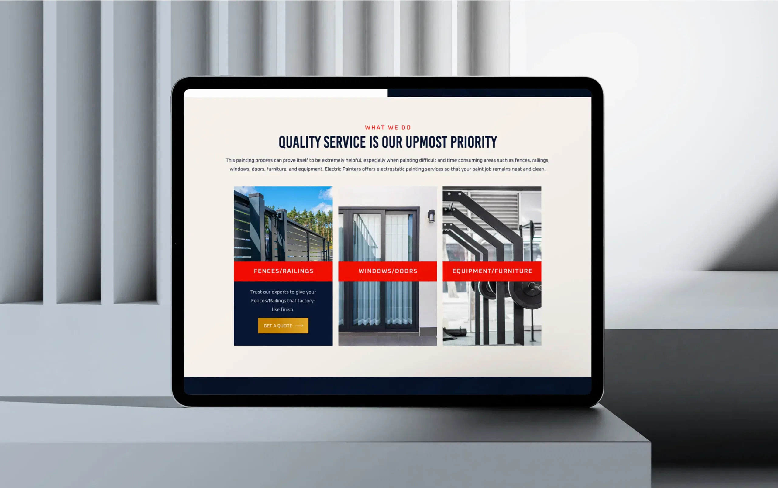 Tablet showcasing a website with a focus on quality service, featuring images of doors and pipes.