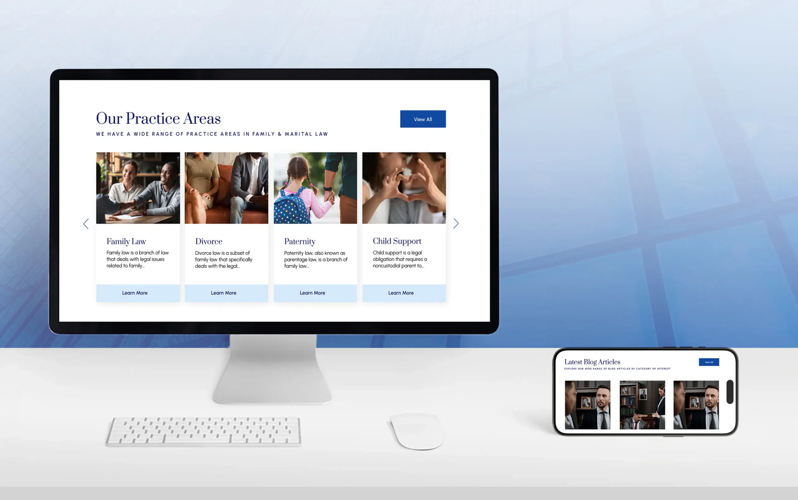 Computer and smartphone displaying a professional law firm's website, showcasing practice areas and engaging content.