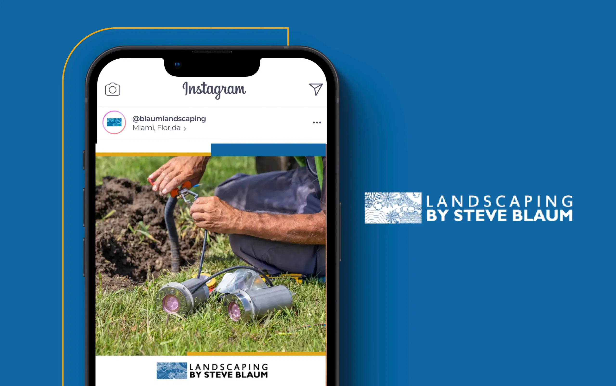 Hands planting grass with a smartphone displaying a landscaping Instagram post.