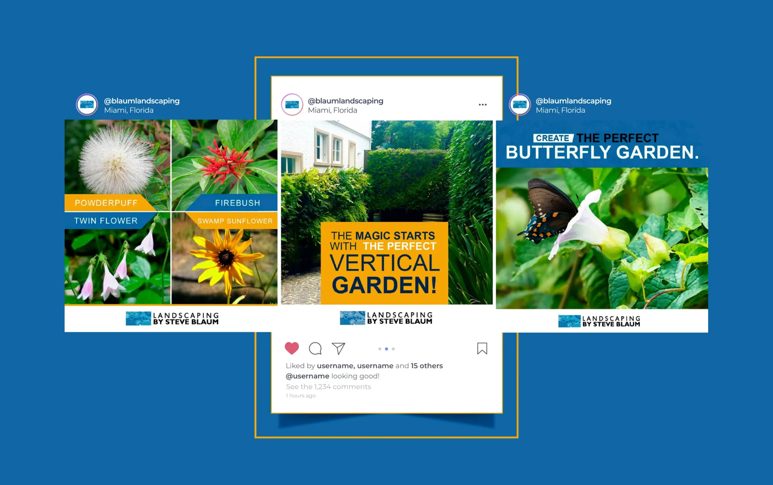 A collection of vibrant garden images featuring colorful flowers, a lush vertical garden, and a butterfly on a white bloom.