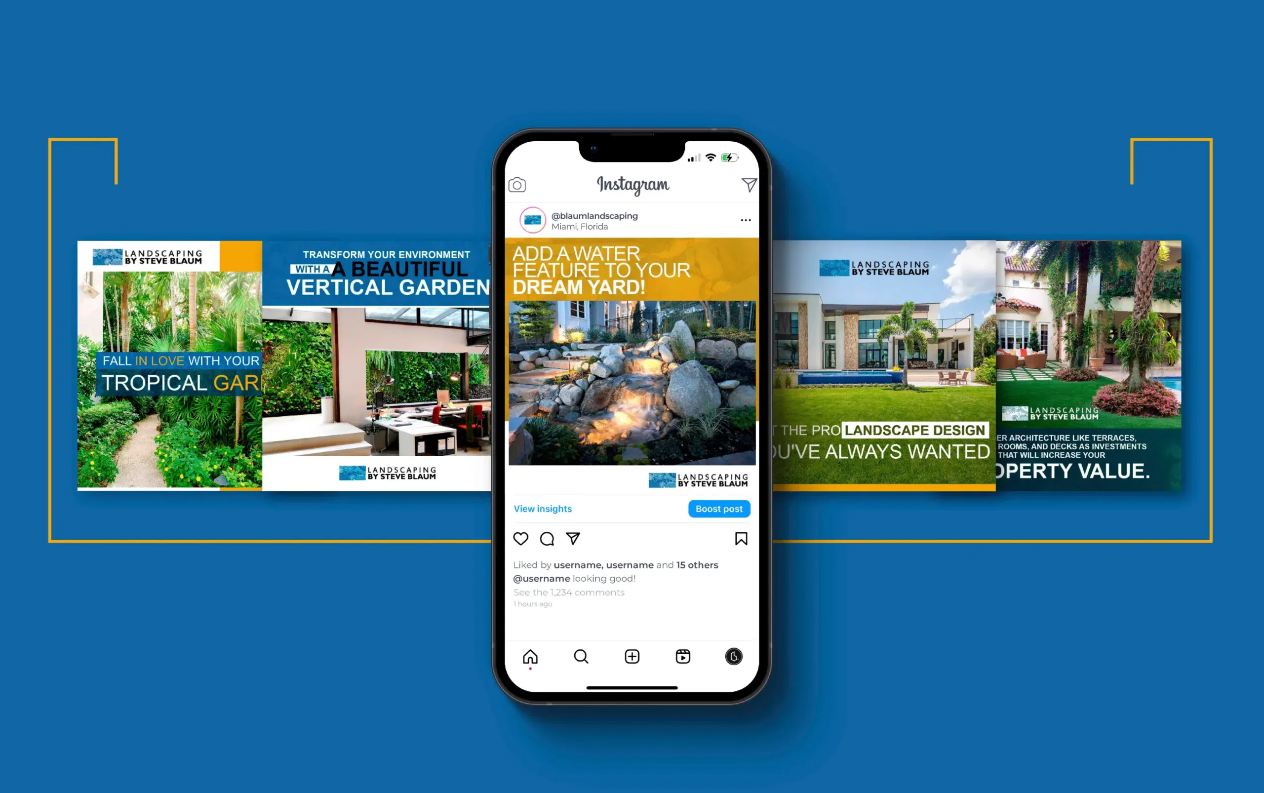 Mobile phone displaying social media post with vibrant landscaping designs on a blue background.