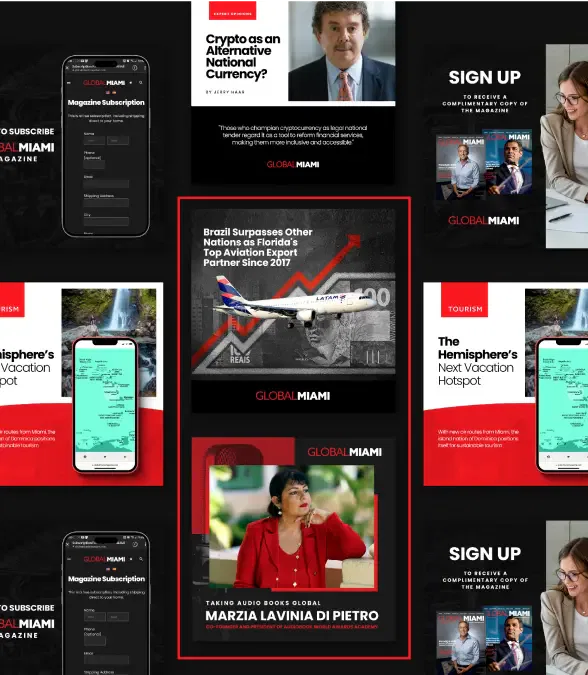 Collage of app screens and images with captions highlighting travel and business themes.