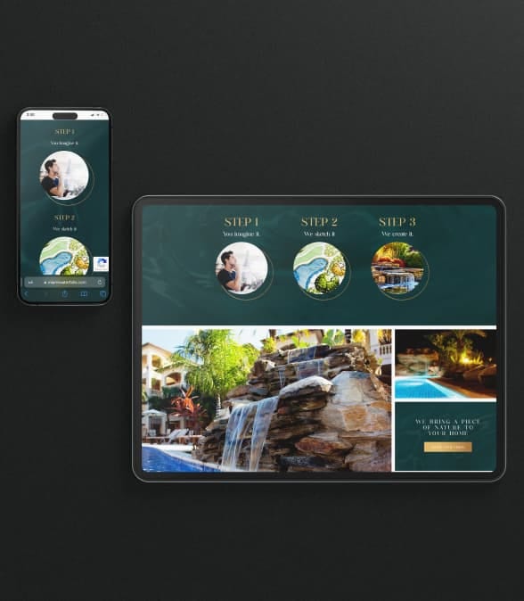 Mobile and tablet devices displaying a travel app with a scenic interface featuring waterfalls and poolside views.