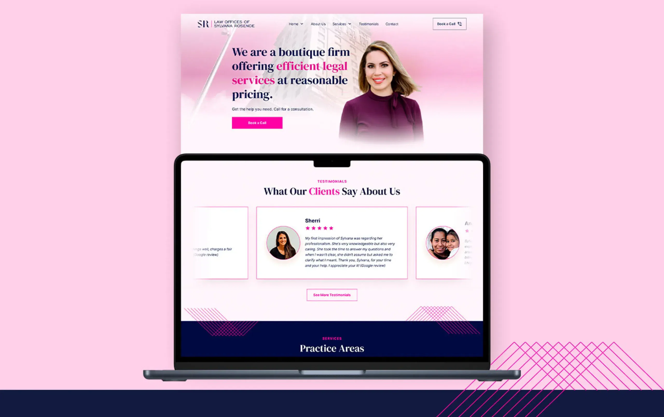 Laptop displaying a legal services website with customer testimonials and professional portrait.