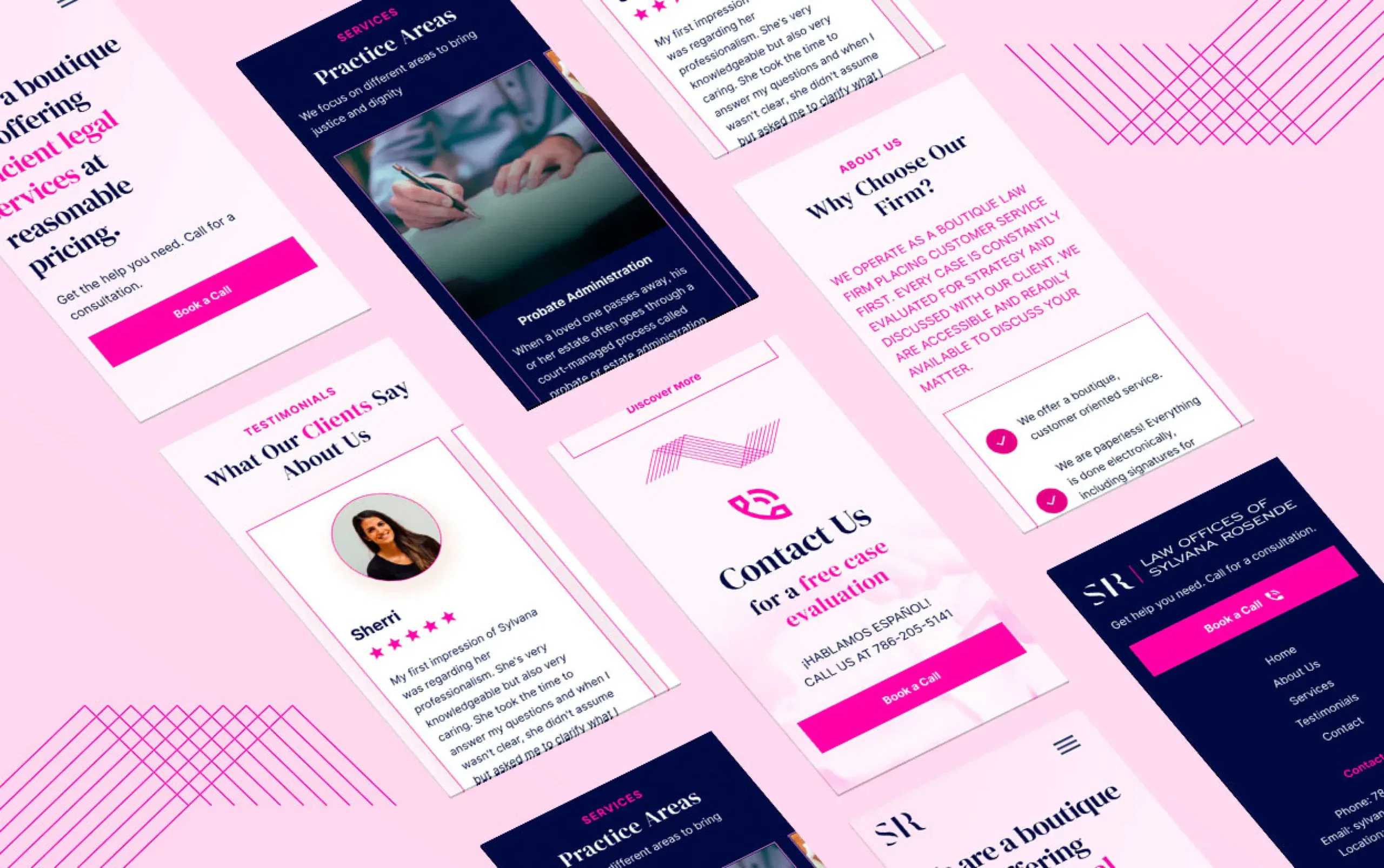 Colorful mobile app layouts on a pink background, showcasing various features and content forms in eye-catching designs.