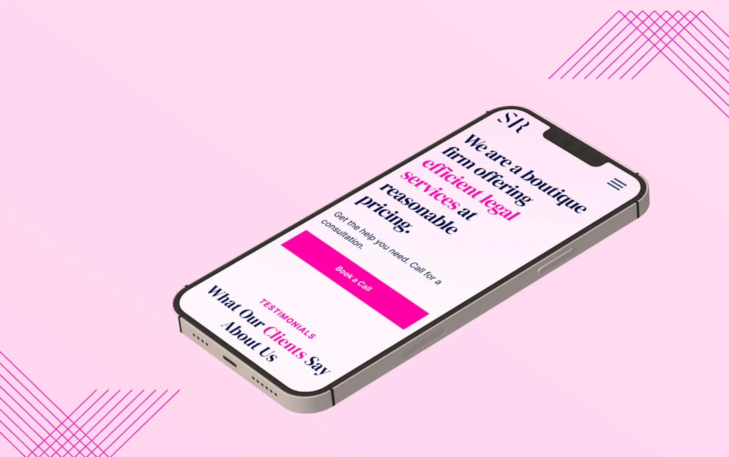 Smartphone displaying a website on a pink background with geometric patterns