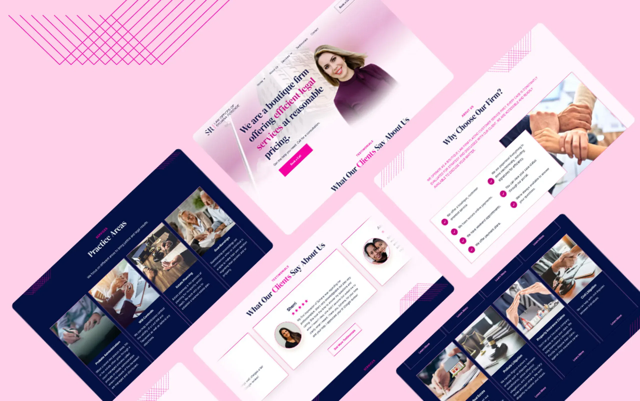 Web design layout showcasing colorful, modern interface designs on a pink background.