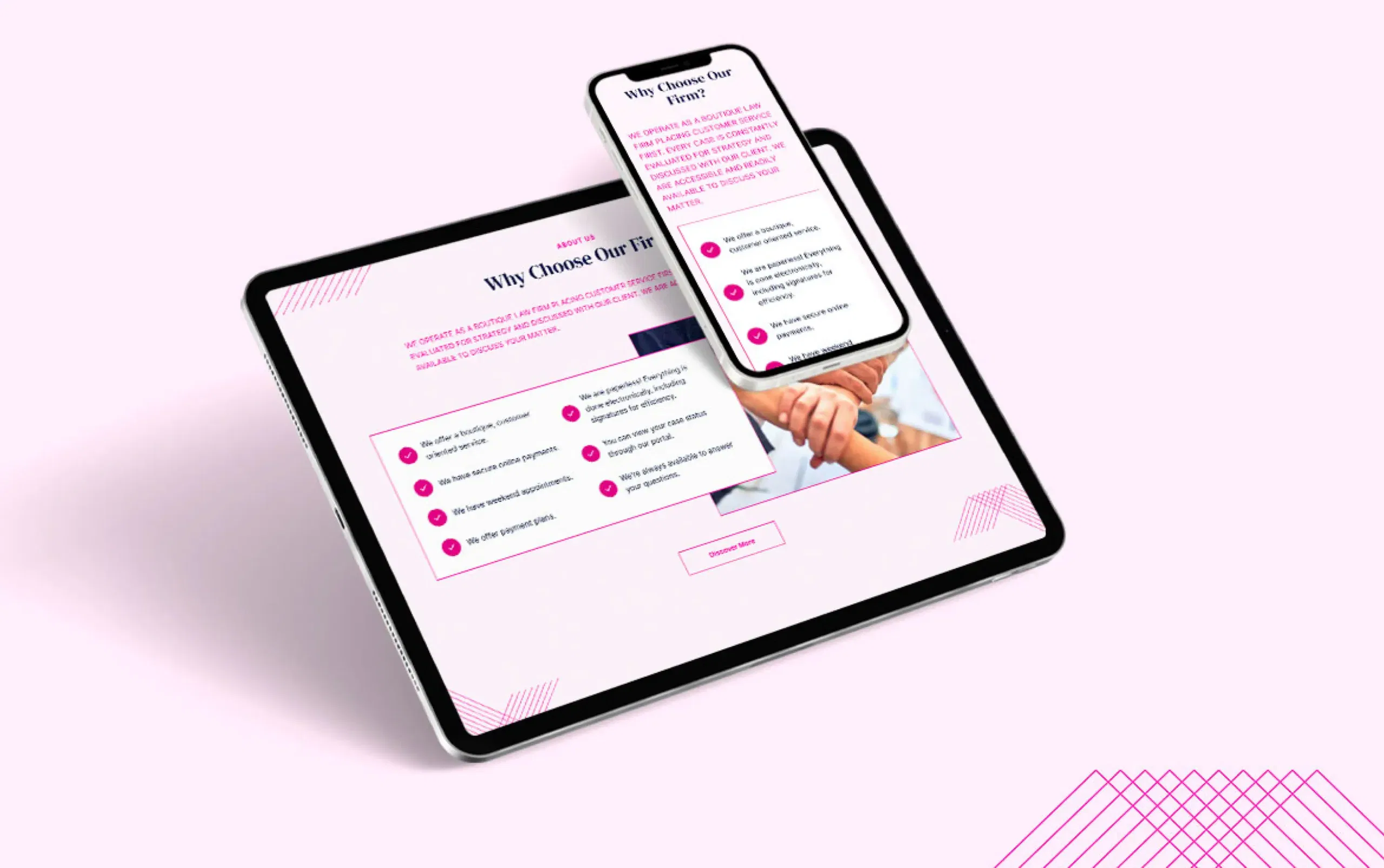 Tablet and smartphone displaying a responsive website with pink accents on a light background.