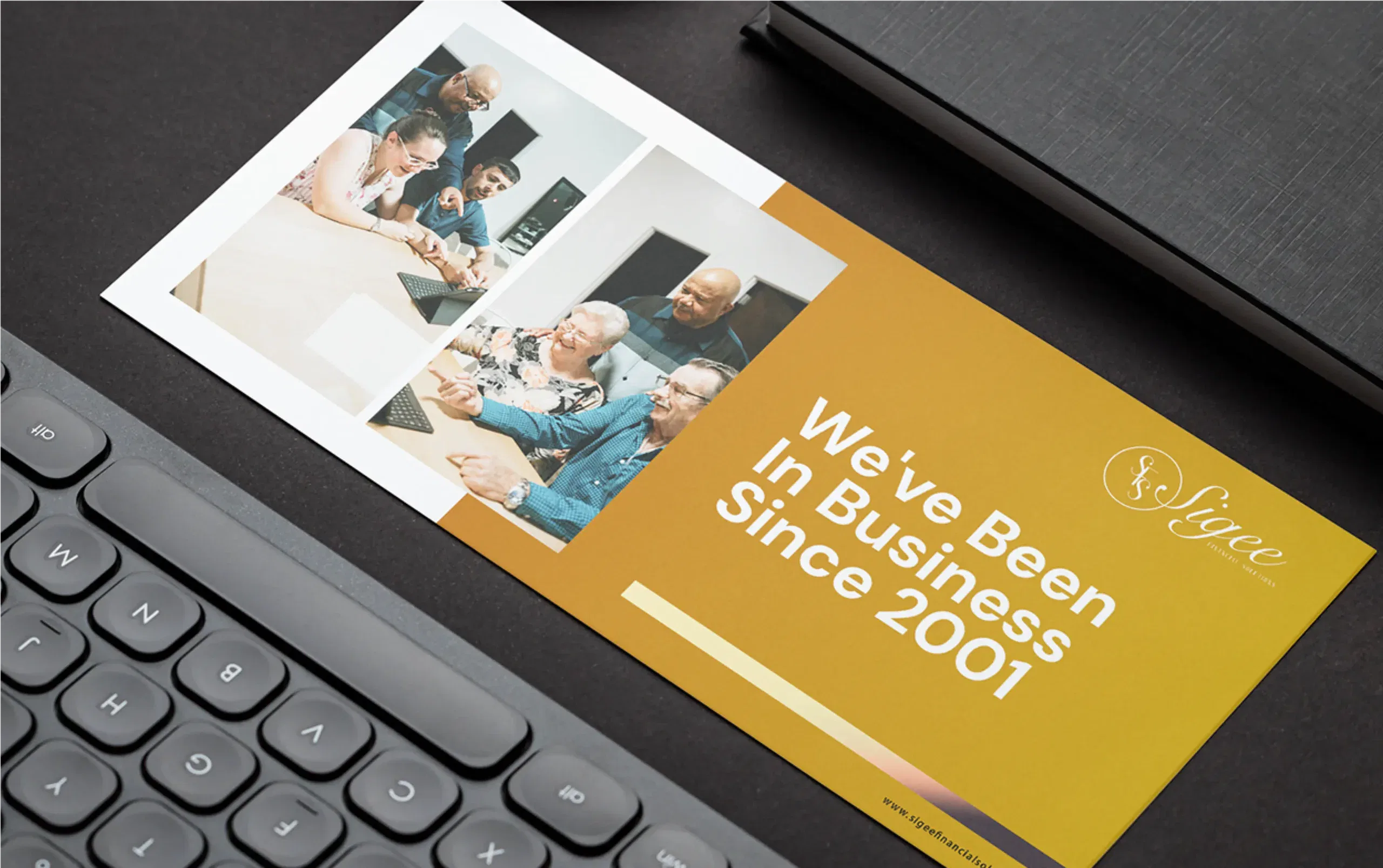 Promotional office flyer with diverse team meeting and text 