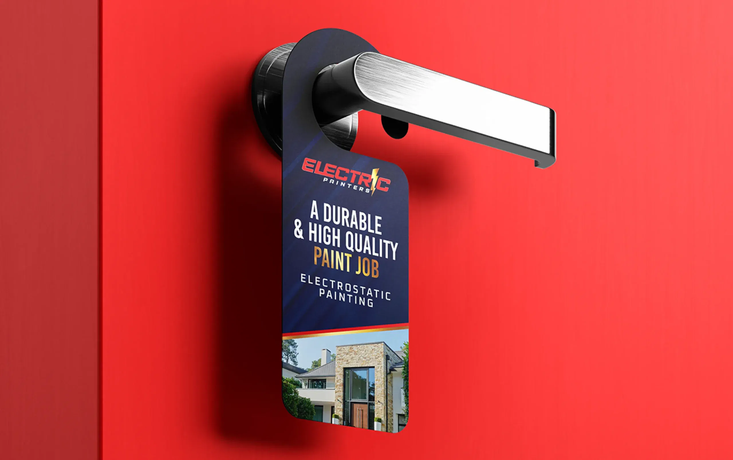 Door handle with a sign promoting durable and high-quality paint job services.