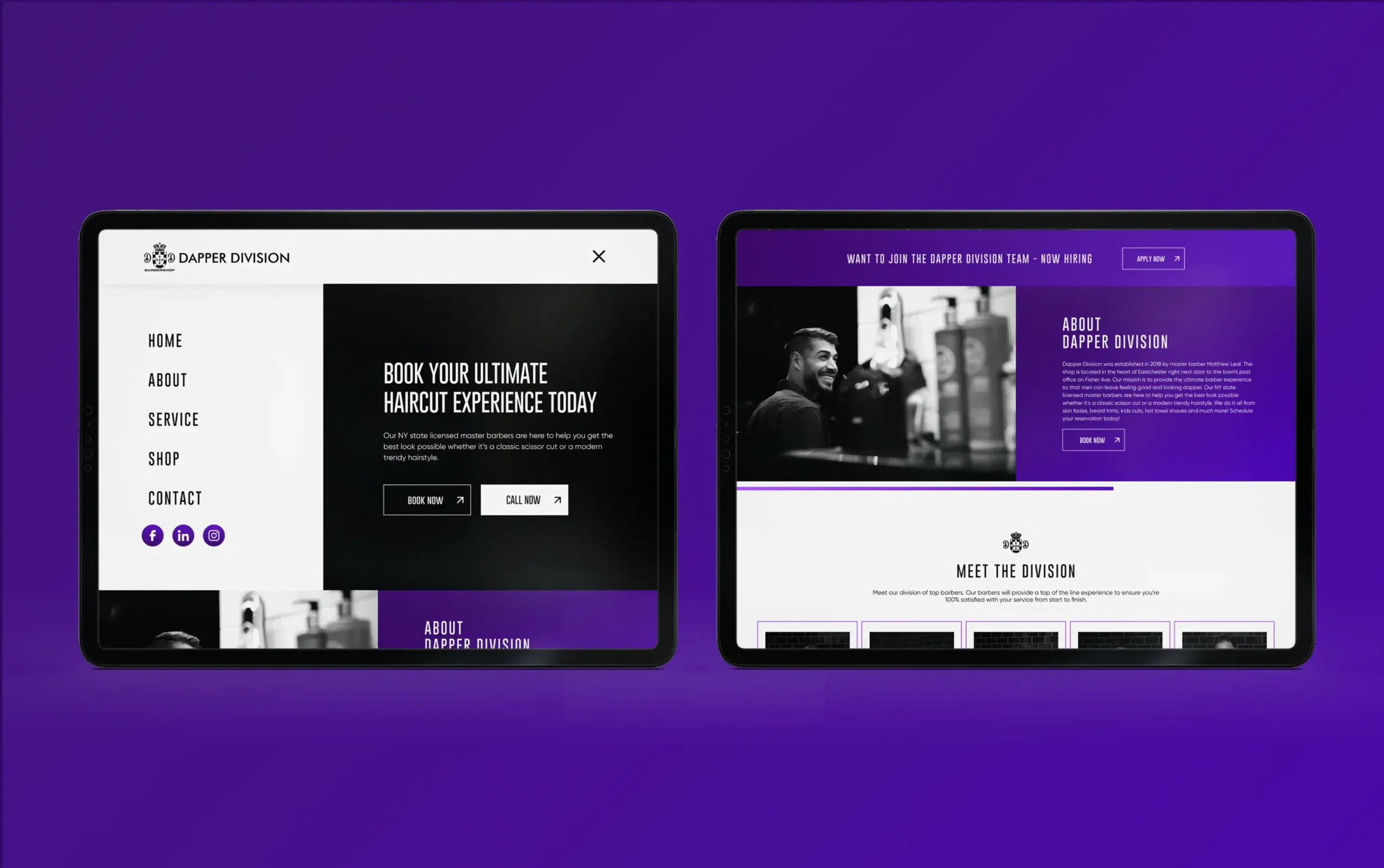 Two digital tablets displaying a stylish black and purple marketing website interface.