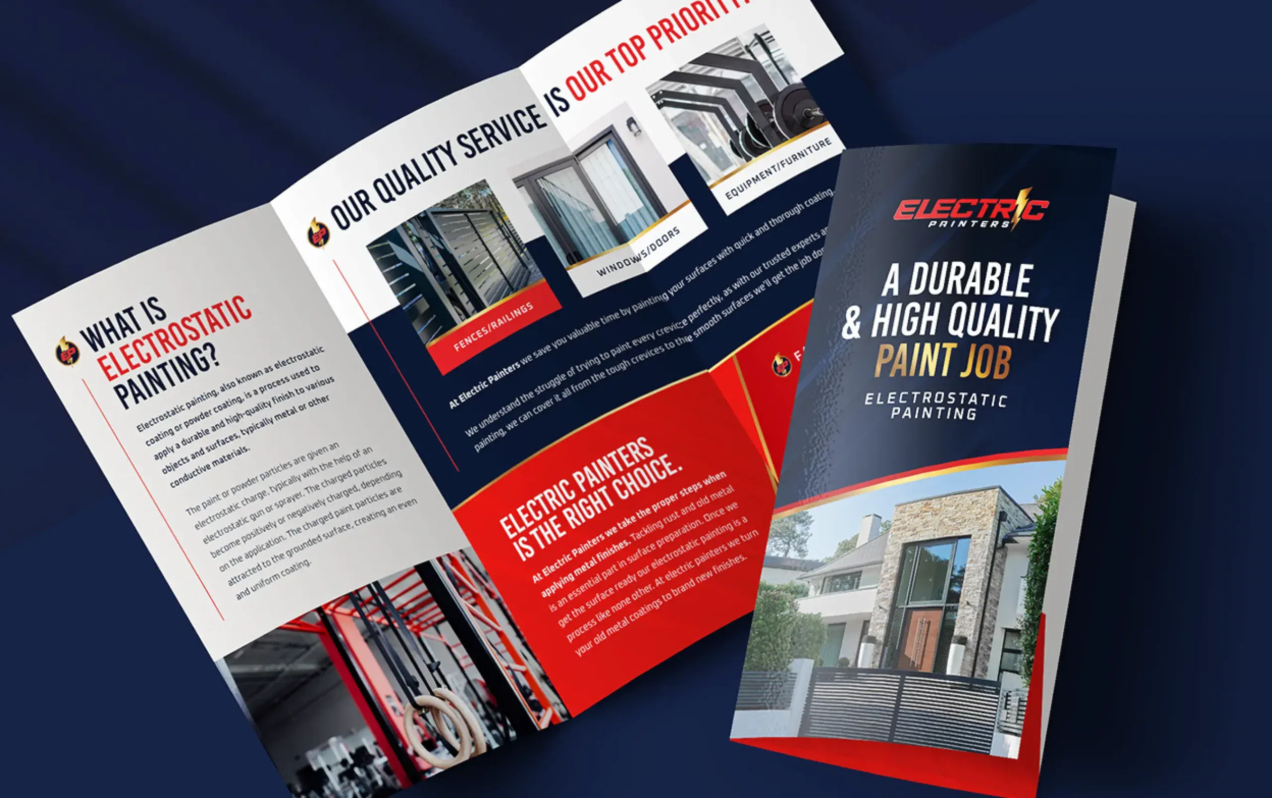 Tri-fold brochure showcasing high-quality electrostatic painting services.