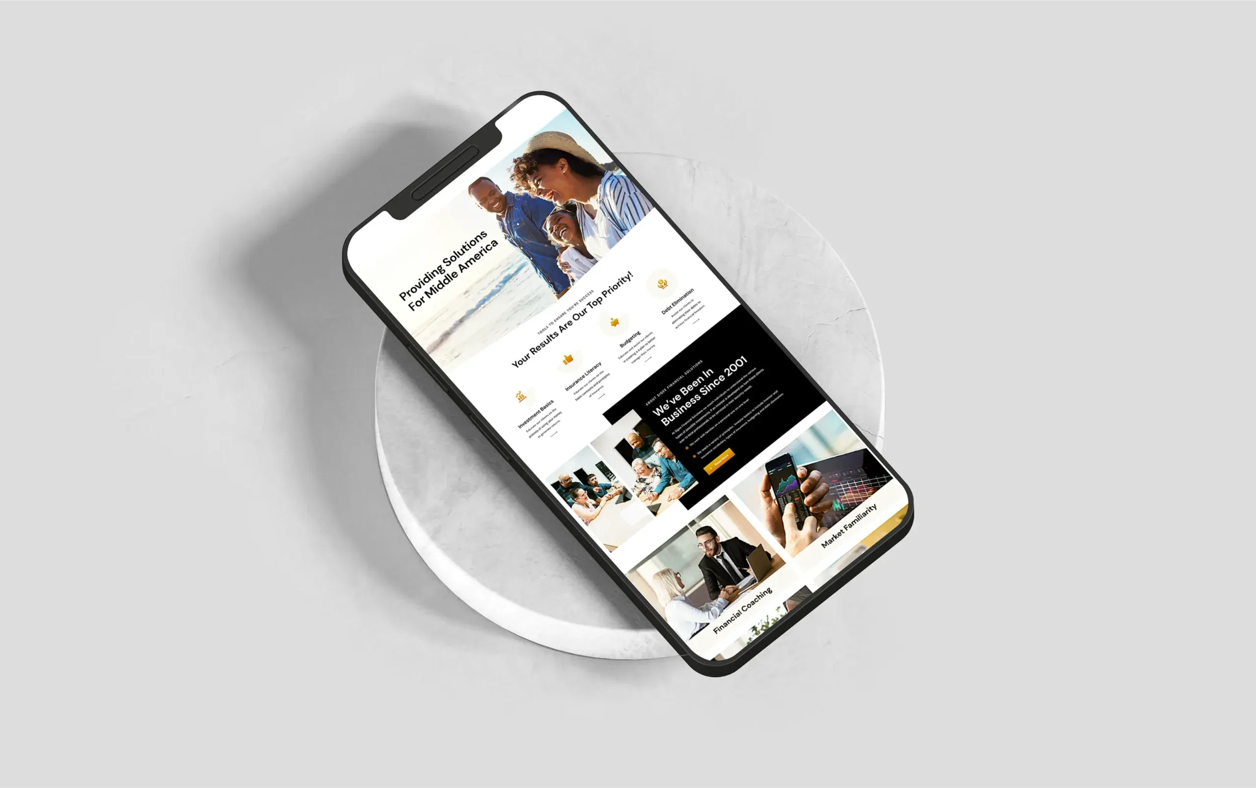 Smartphone displaying a modern business website interface on a sleek, minimalist gray background.