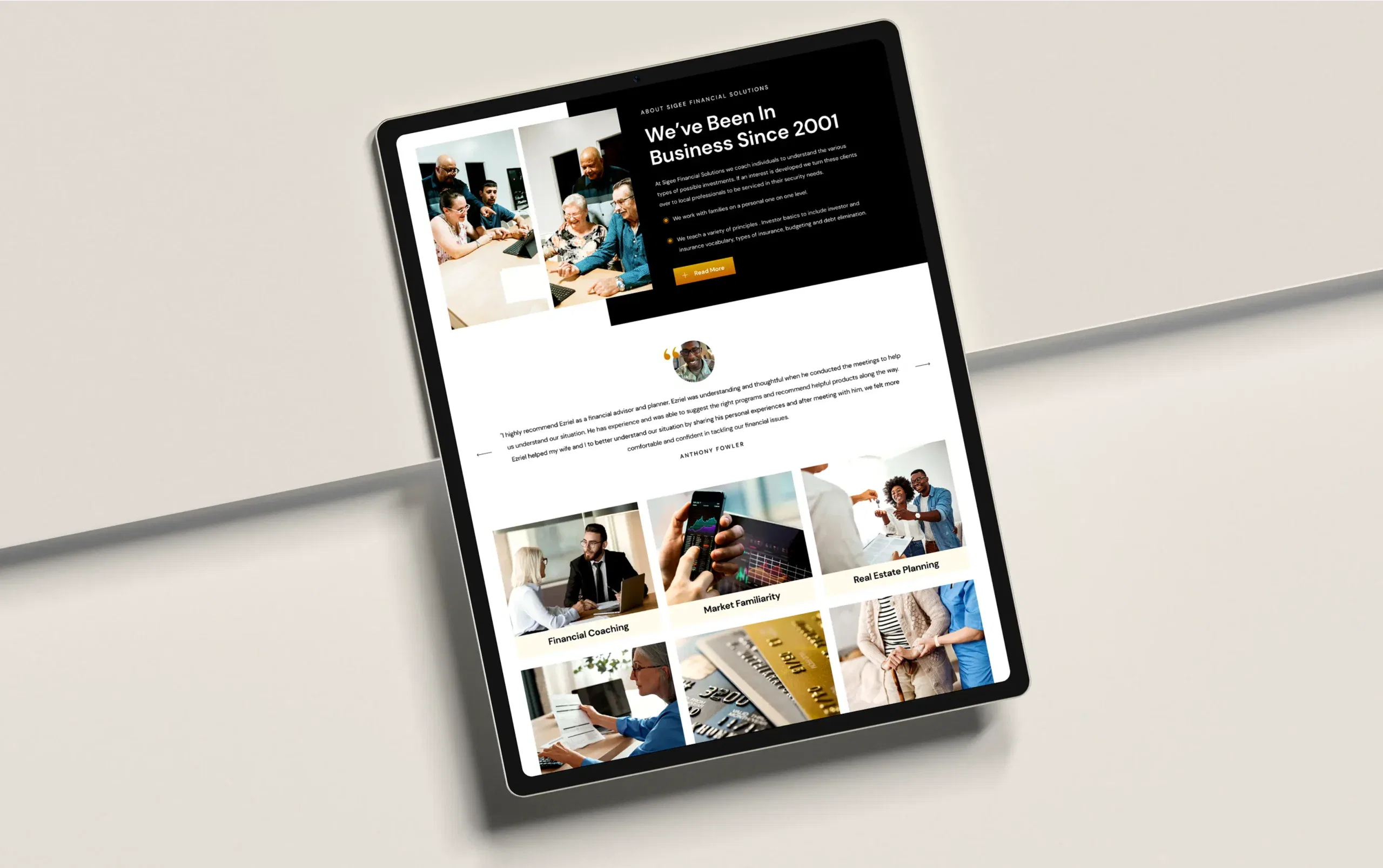 Tablet displaying a modern business website with diverse professionals in a meeting.