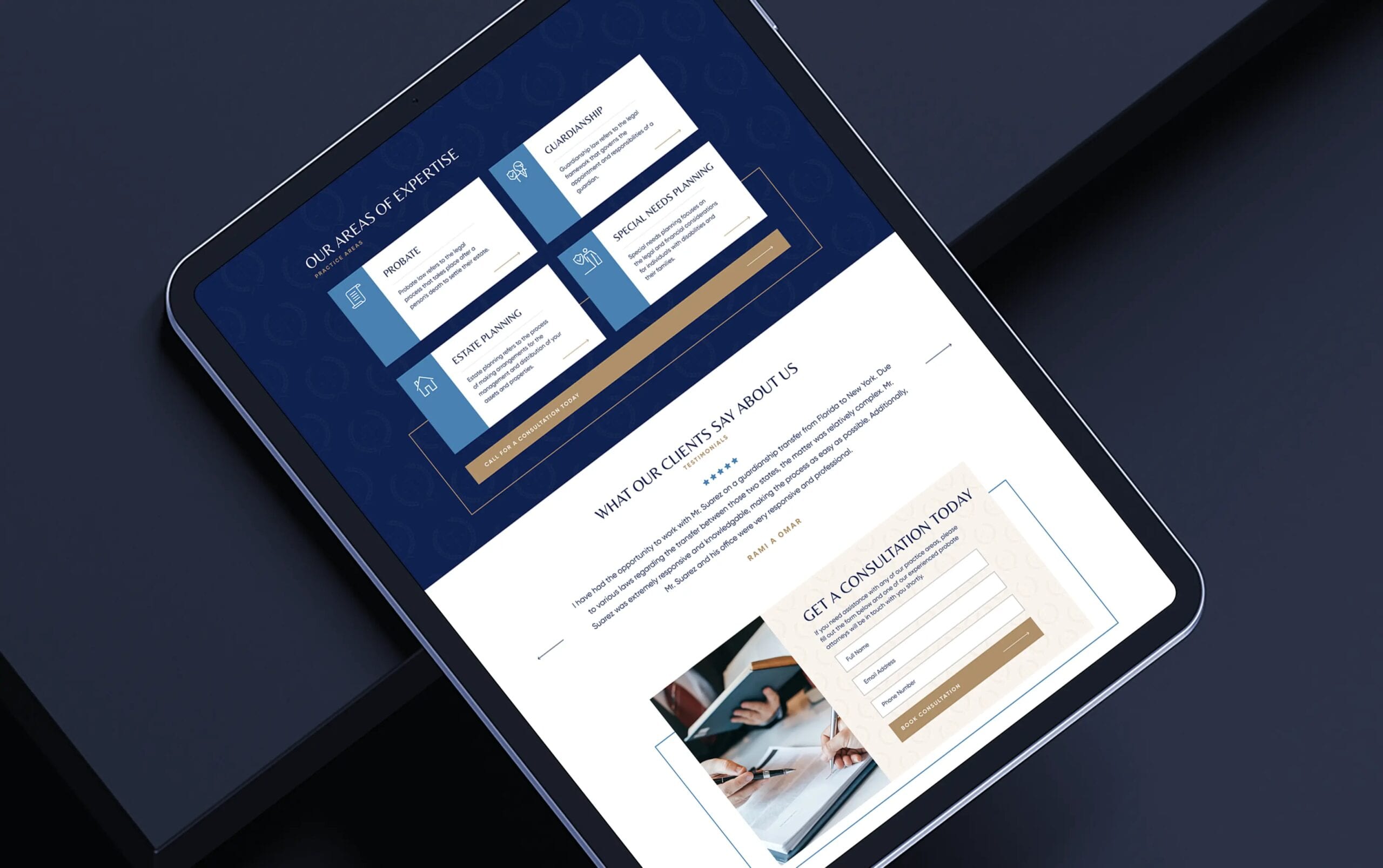 Tablet displaying a law firm website layout with informative text and graphics.