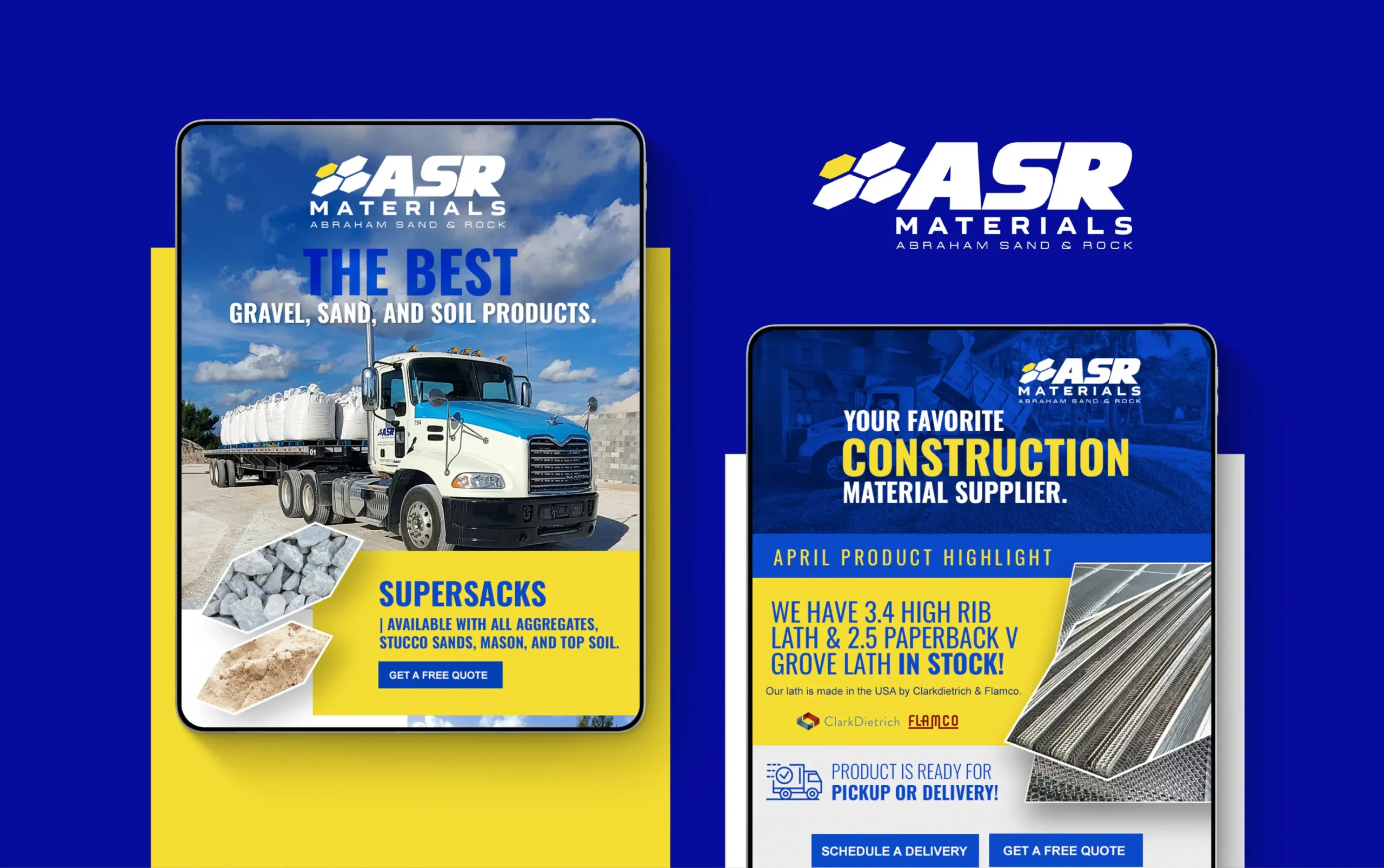 ASR Materials promotional banners showcasing construction supplies, including gravel, sand, and supersacks, with an image of a delivery truck.