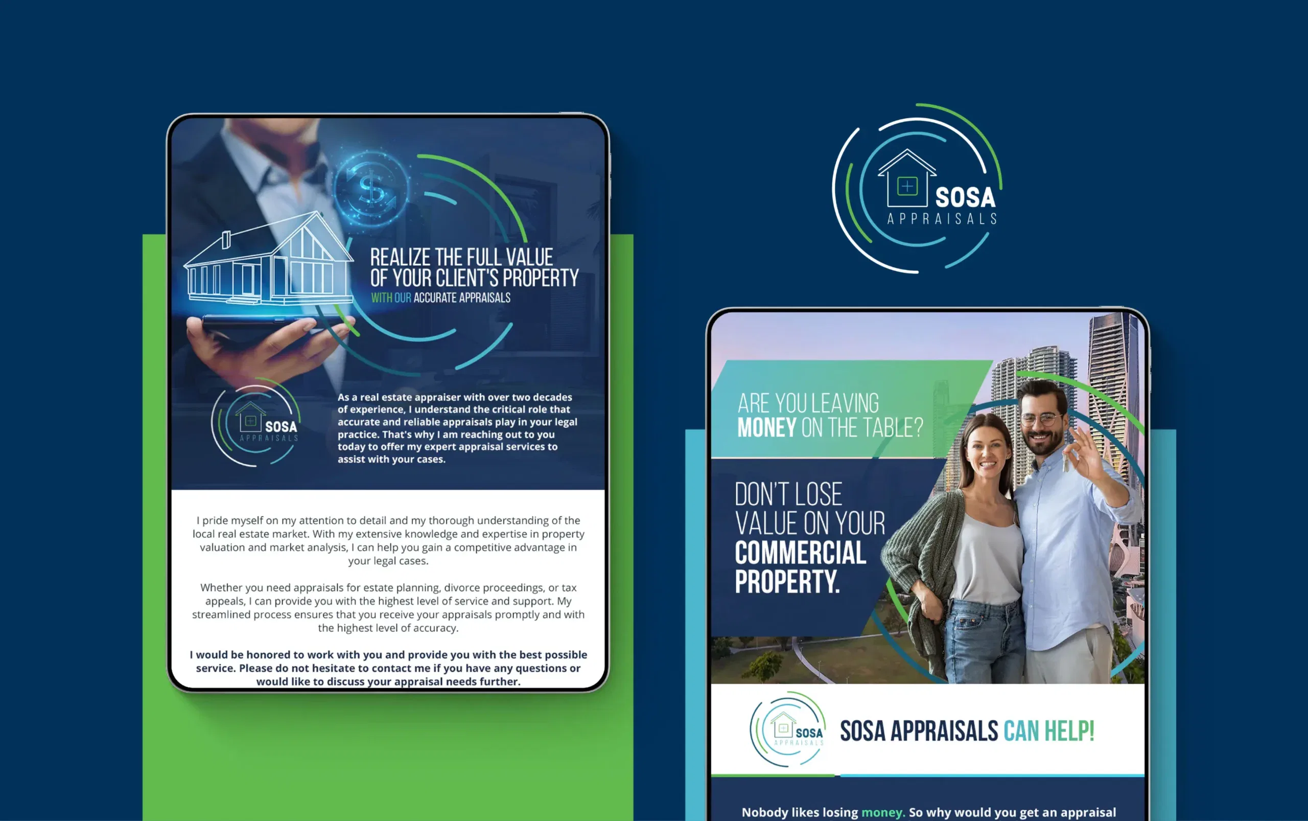 Two digital screens showcasing SOSA appraisals for enhancing property value, with images and text highlighting commercial property services.