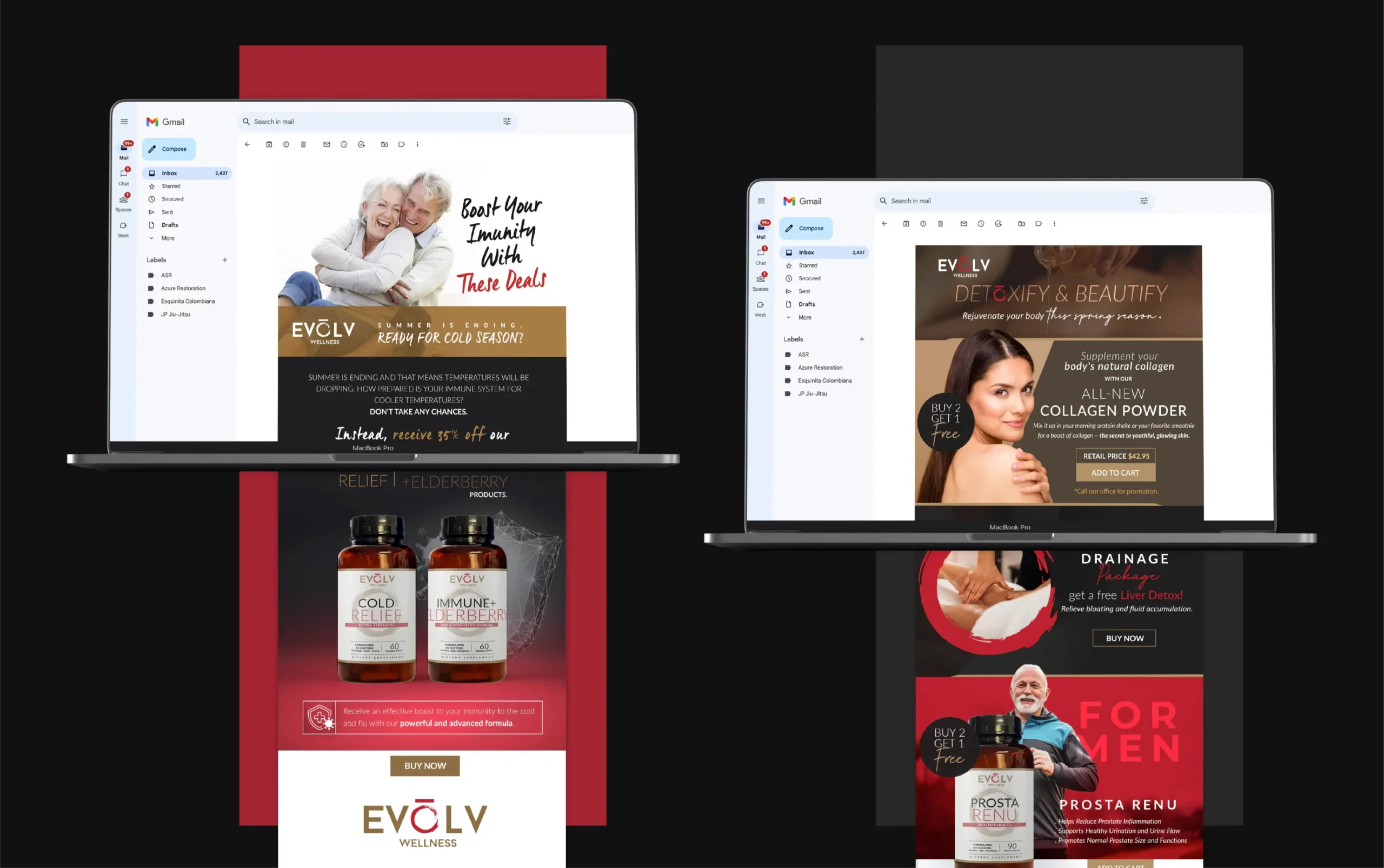 Health and wellness product marketing designs displayed on two computer screens with vibrant layouts.