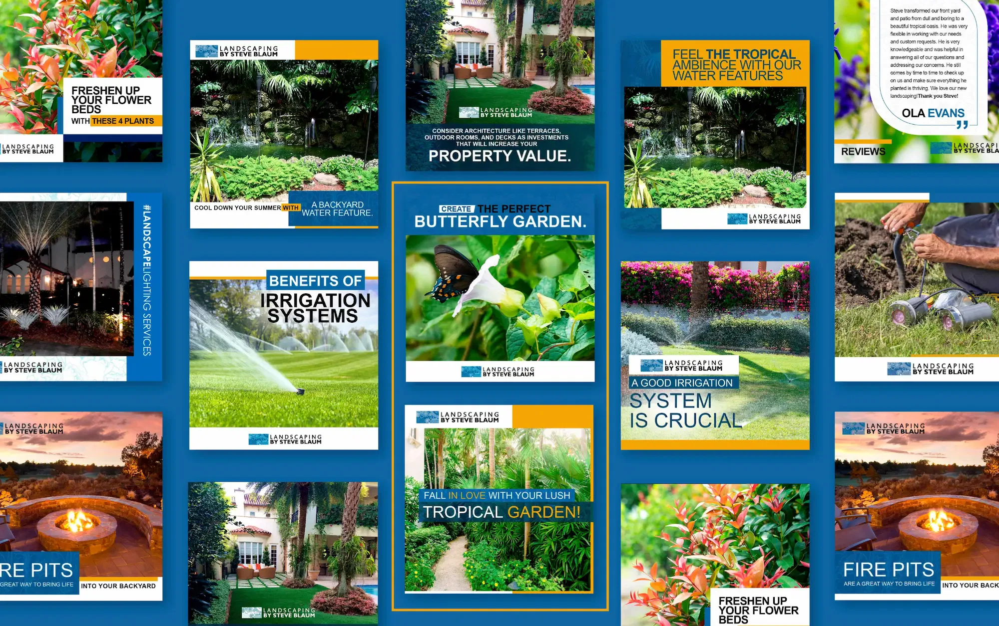 Collage of vibrant landscaping designs with irrigation systems, butterfly gardens, and outdoor features.
