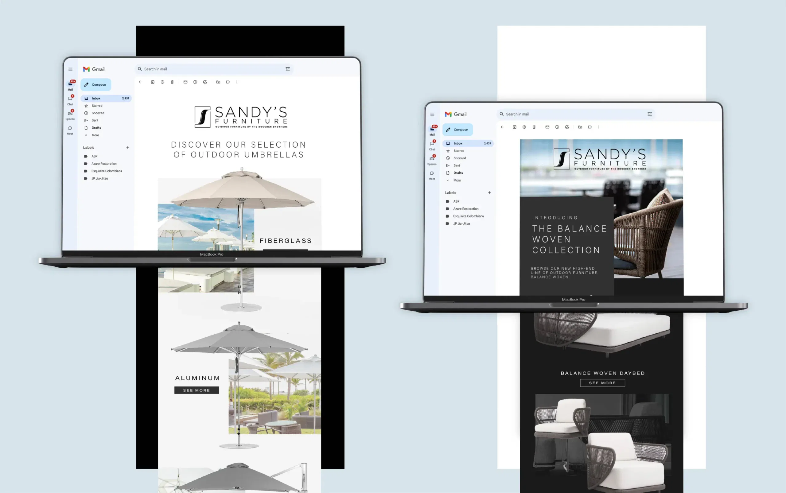 Side-by-side comparison of two website designs on laptops showcasing outdoor furniture collections.