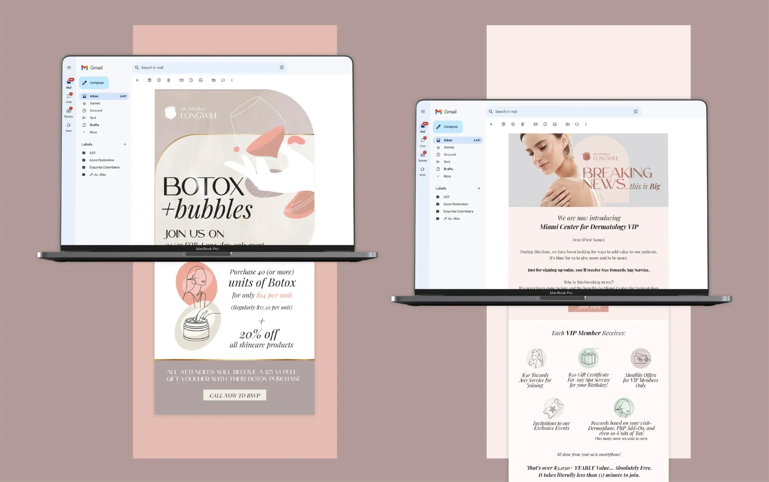 Two laptops displaying elegant email marketing designs with sleek typography and soft pastel colors.