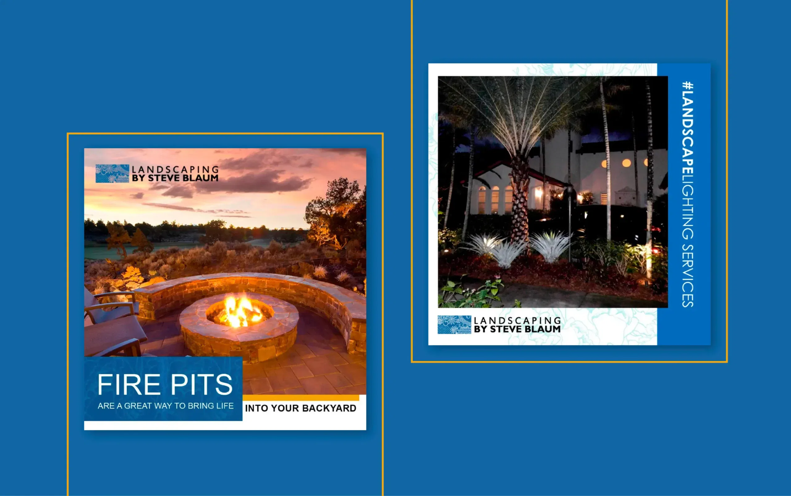 Outdoor fire pit and illuminated palm tree in a modern backyard setting.