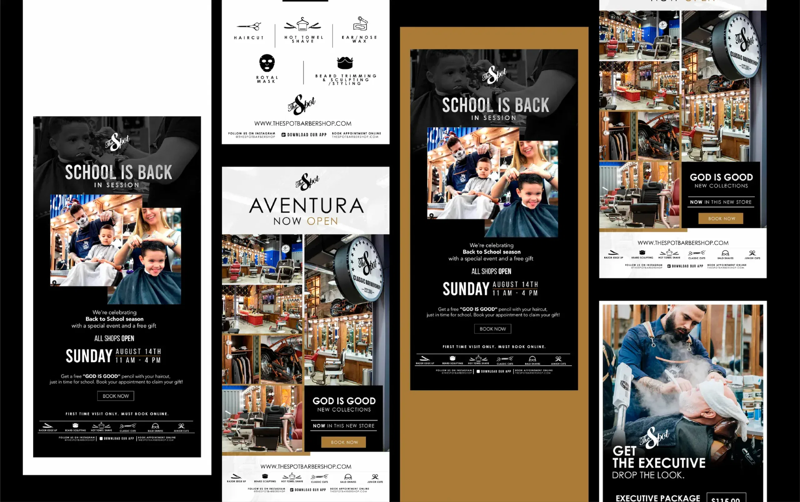 Stylish barbershop collage featuring haircuts and vibrant interior.