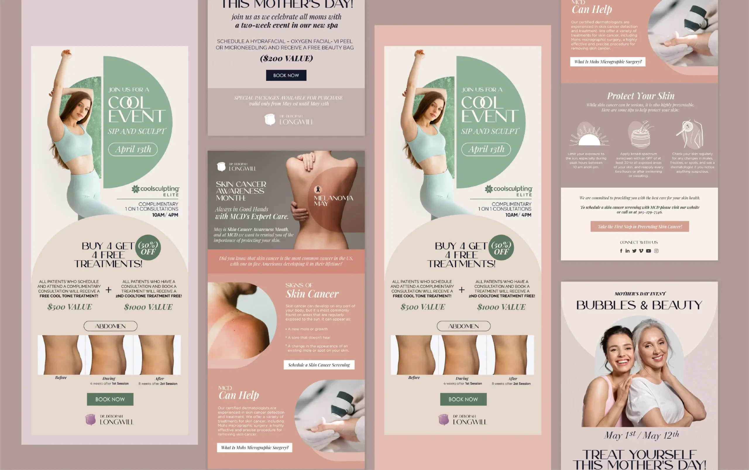 Spa and wellness event promotional flyers showcasing skincare and beauty services.