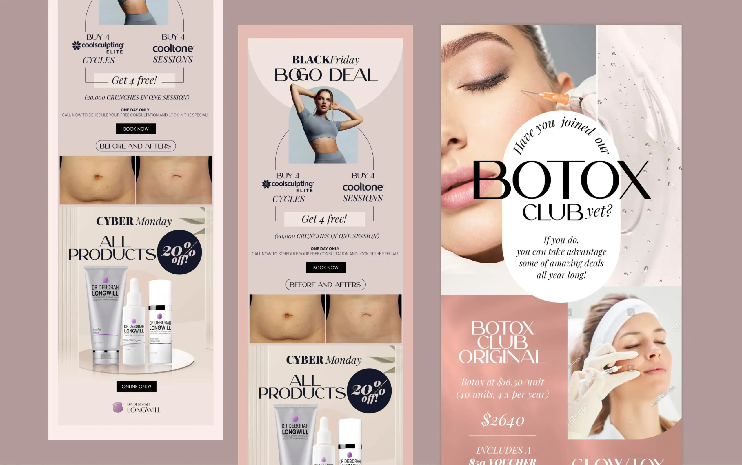 Skincare and beauty promotion with Botox and product close-ups.