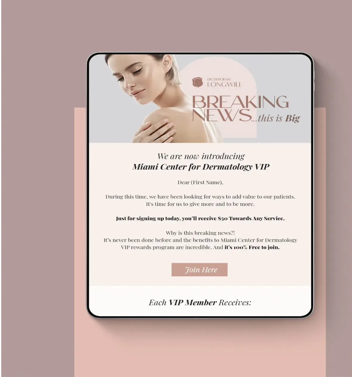 Flyer for Miami Center for Dermatology VIP membership featuring a serene model.