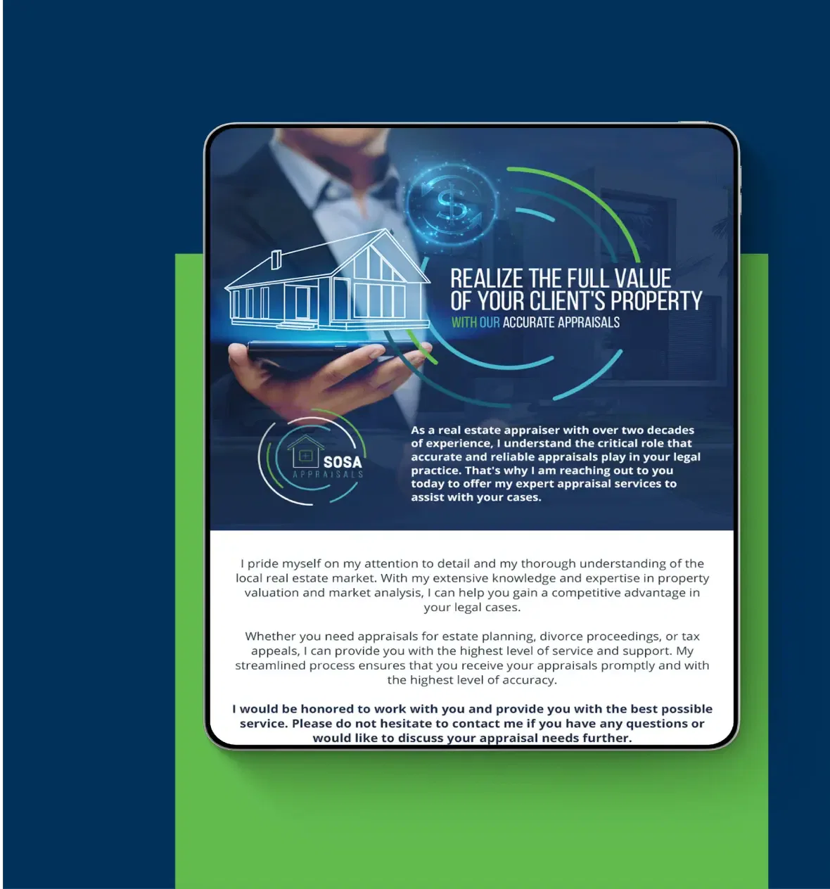 Tablet displaying real estate valuation content with digital graphics overlaid.