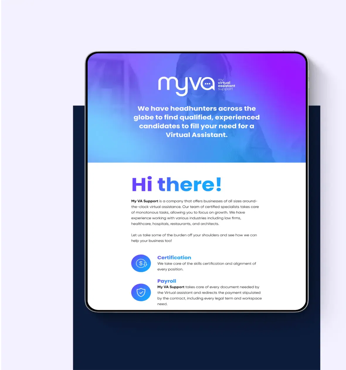 Colorful business webpage with MyVA branding and text headlines, offering virtual assistant services.