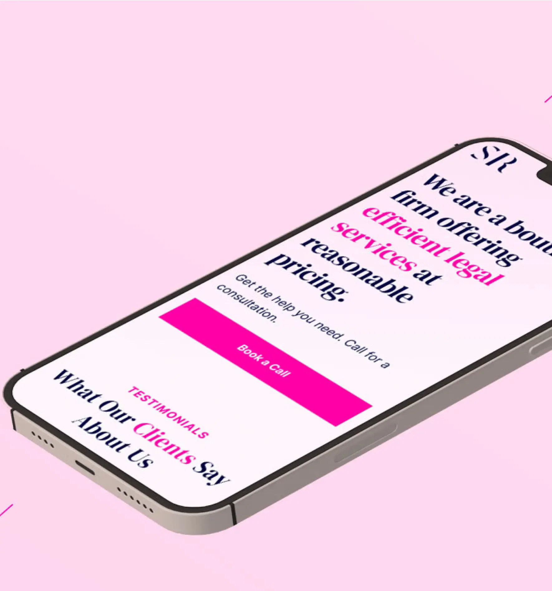 Smartphone displaying a website with information about efficient legal services and pricing.