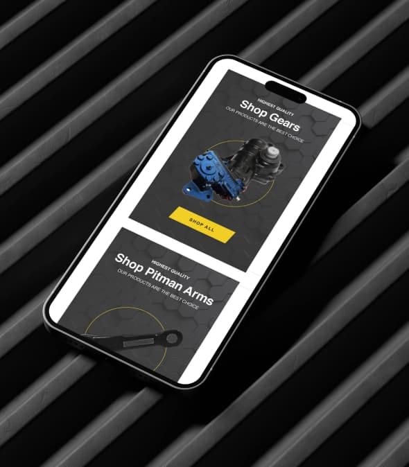 Smartphone displaying an online store interface with shop gears and pitman arms categories on a sleek black background.