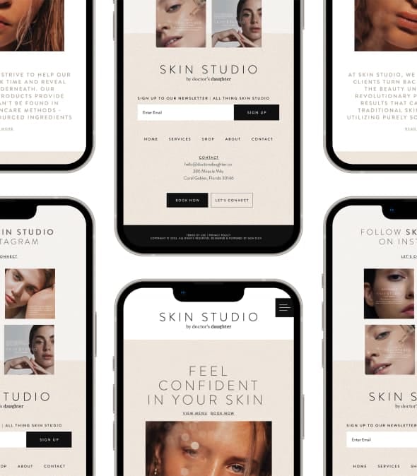 Smartphone showcasing a skincare website layout with minimalist design and model images.
