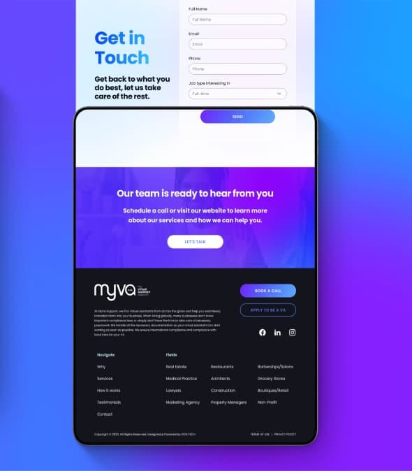 Modern website contact page design with vibrant blue and purple accents.
