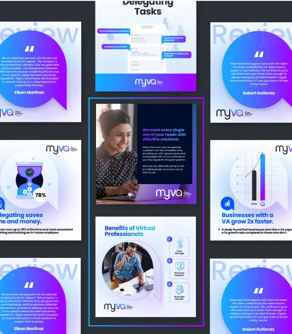 Virtual assistant services brochure with engaging graphics and statistics.