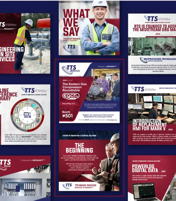 Collage of industrial posters featuring engineering services and technology highlights.