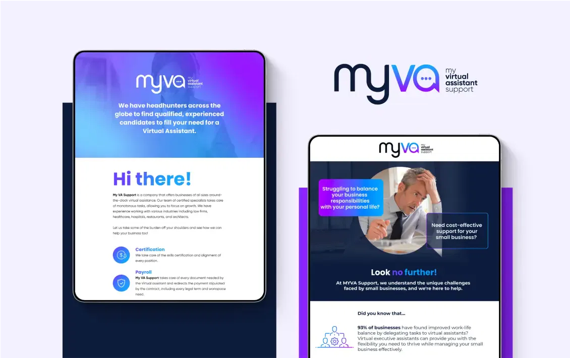 Two digital screens display virtual assistant service information with vibrant blue and purple accents.