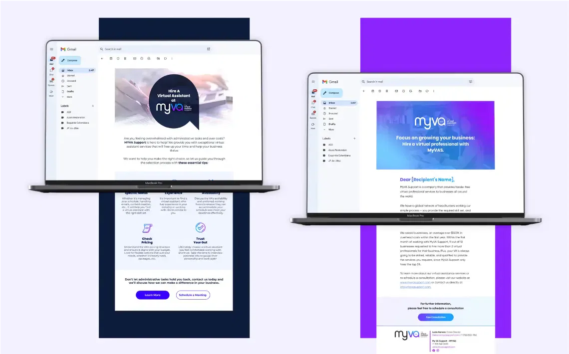 Two laptops displaying analytics and optimization dashboards with vibrant backgrounds.